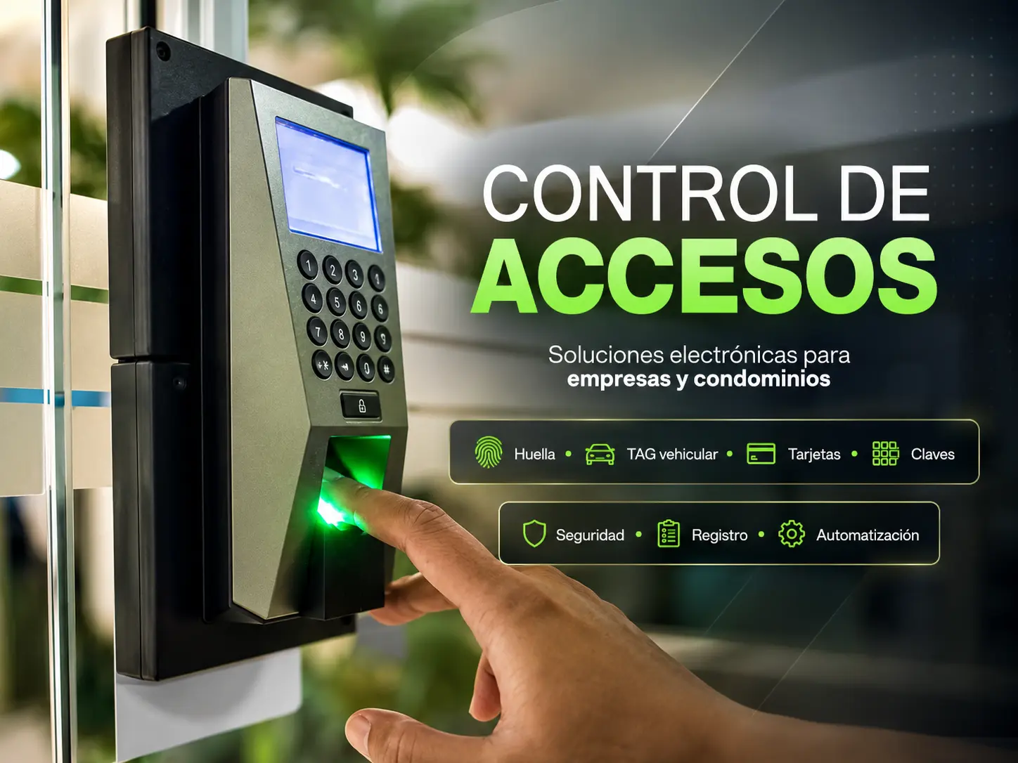 Control de acceso electrónico MGS con huella, TAG vehicular, tarjetas y automatización